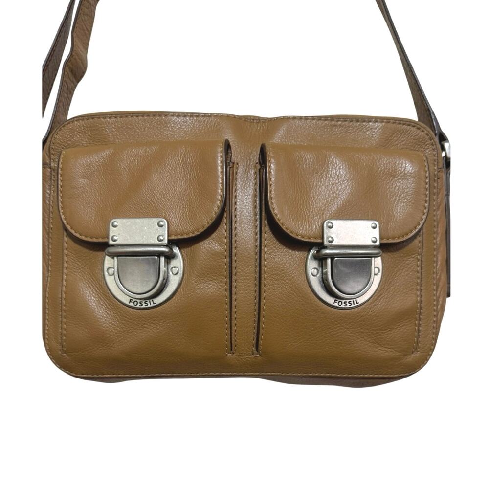 Fossil Riley Leather Crossbody Bag Adjustable Strap Camel Brown Silver Hardware